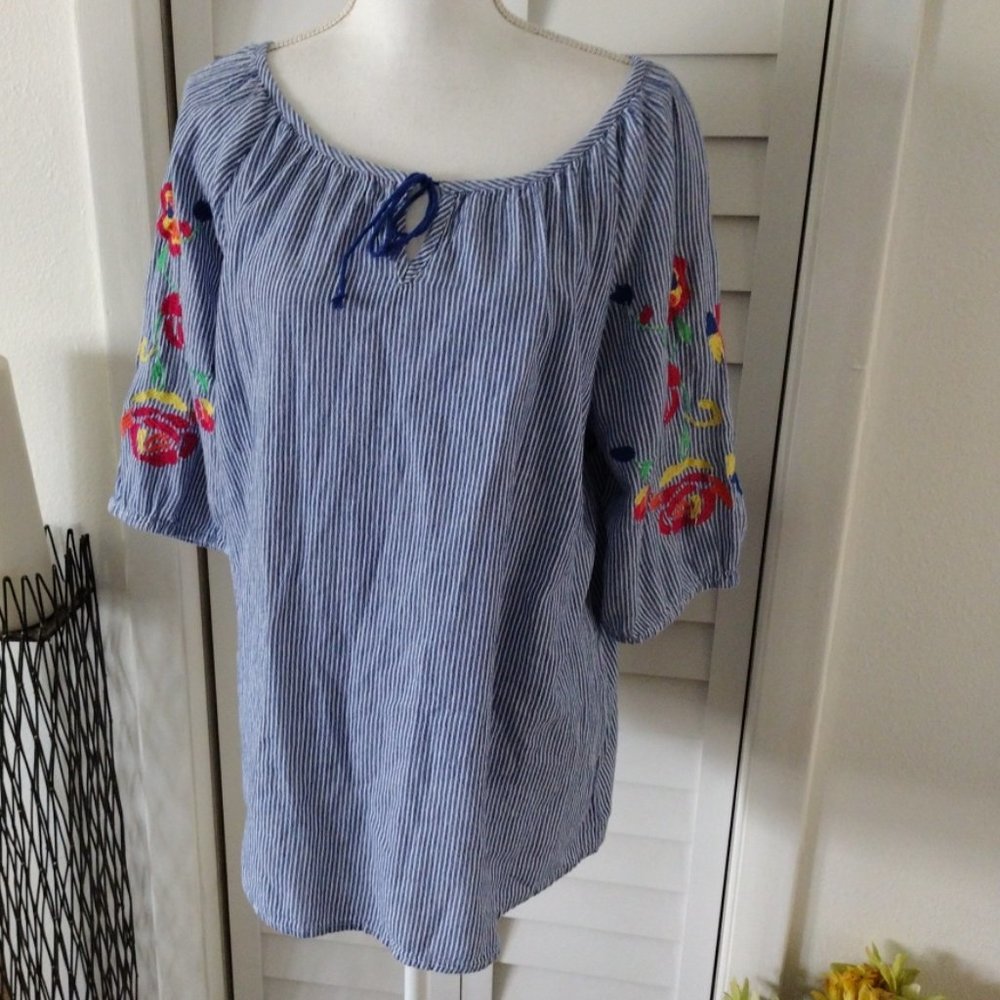 Hannah peasant pinstriped womens blouse with embroidered half sleeves 1X